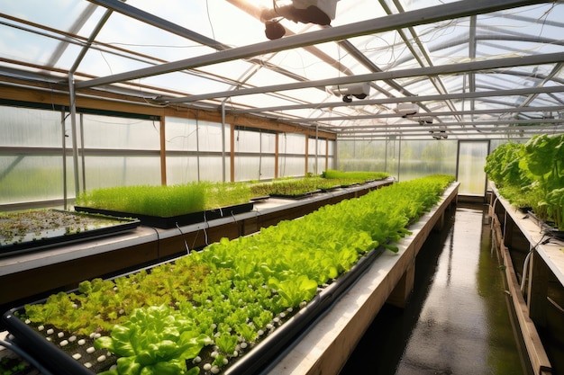 Uma visão de um sistema aquapônico com plantas crescendo em uma estufa criada com IA generativa