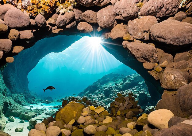 Uma visão de uma caverna com um peixe nadando sob ela