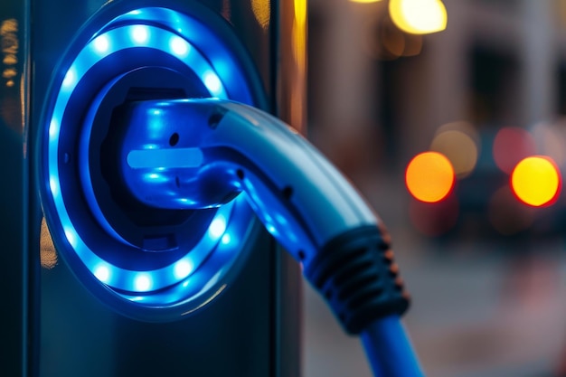 Uma visão detalhada de um dispositivo de carregamento com uma luz azul proeminente indicando seu estado ativo Closeup de uma porta de carregamento de veículo elétrico AI Gerado