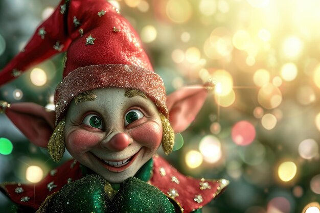 Foto uma visão detalhada de um elfo de brinquedo posicionado perto de uma árvore de natal lindamente decorada um elfo de natal peculiar com um sorriso insolente ai gerado