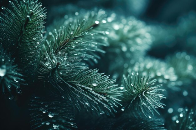 Uma visão detalhada de um galho de pinheiro com gotas de água com gás após uma chuva Macro fundo da árvore de natal AI gerado