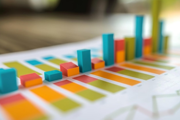 Foto uma visão detalhada de um gráfico de barras vibrante colocado em uma tabela exibindo dados estatísticos em um formato visualmente atraente gráficos de barras coloridos exibindo datos de vendas ai gerado