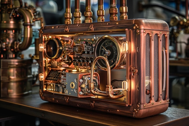 Foto uma visão detalhada de um relógio colocado em uma mesa mostrando seu design intrincado e mecanismo de exibição de tempo preciso um sistema nas de estilo steampunk ai gerado