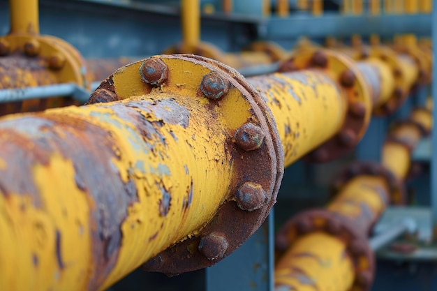 Uma visão detalhada de um tubo amarelo brilhante dentro de uma instalação de fabricação Colores contrastantes de tubulações industriais enferrujadas AI Gerado