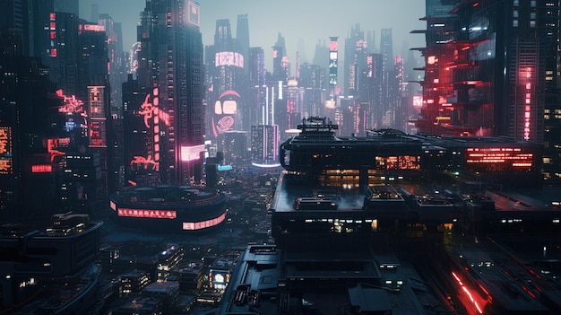 Uma visão detalhada de uma cidade cyberpunk de um drone