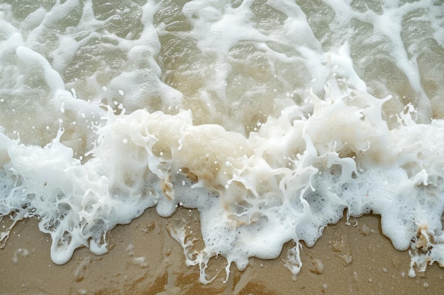 Foto uma visão detalhada de uma onda poderosa batendo em uma praia de areia criando uma cena espumosa e dinâmica espuma do mar deixada para trás pelas ondas em retirada ai gerado