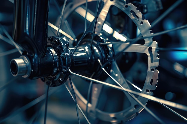 Uma visão detalhada de uma roda de bicicleta mostrando o padrão complexo de seus raios Um close de uma roda de bicicleta girando Gerado por IA