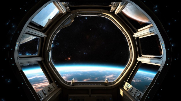 Uma visão do planeta Terra a partir de uma janela de nave espacial.