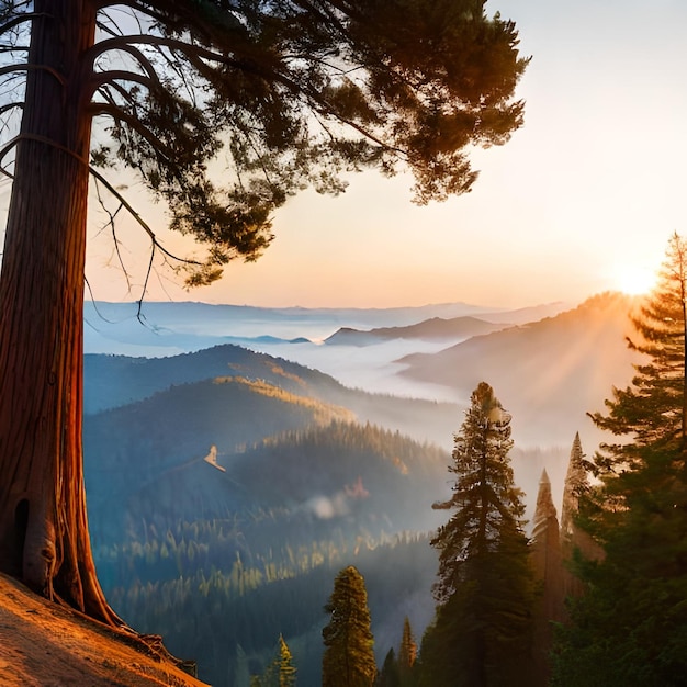 Uma visão do pôr do sol das serras com uma árvore em primeiro plano e montanhas ao fundo.