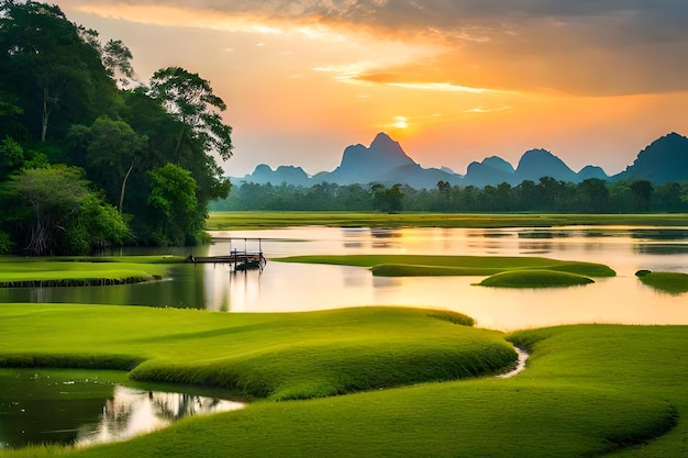 Uma visão do pôr do sol de um campo de golfe com montanhas ao fundo