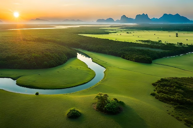 Uma visão do pôr do sol de uma paisagem com um rio e montanhas ao fundo.