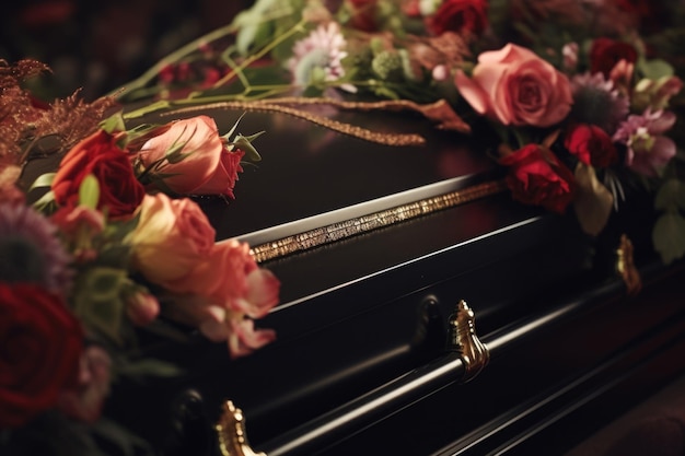 Uma visão em close-up de um caixão adornado com belas flores Esta imagem pode ser usada para temas relacionados a funerais ou serviços memoriais