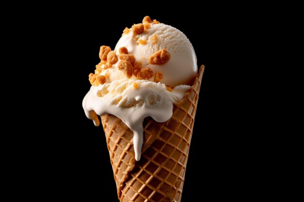 Uma visão em close-up de um cone com sorvete em um fundo preto