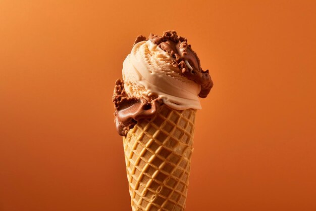 Uma visão em close-up de um cone de sorvete misturado de chocolate e manteiga de amendoim