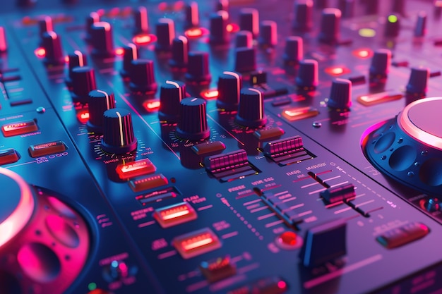 Foto uma visão em close-up de um dj mixer moderno com botões e deslizadores brilhantes