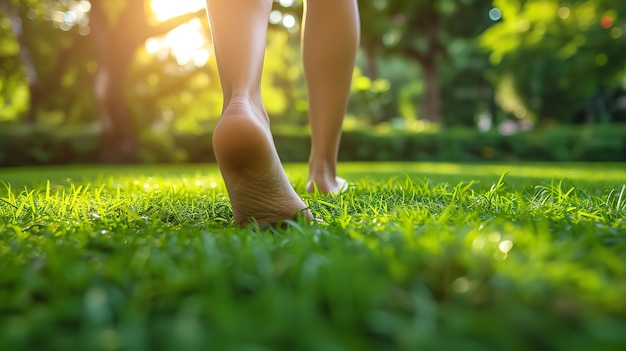Uma visão em close-up de uma mulher caminhando descalça através de gramado verdoso com raios de sol espaço IA gerativa
