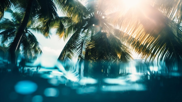 Uma visão embaçada de um sol tropical e palmeira