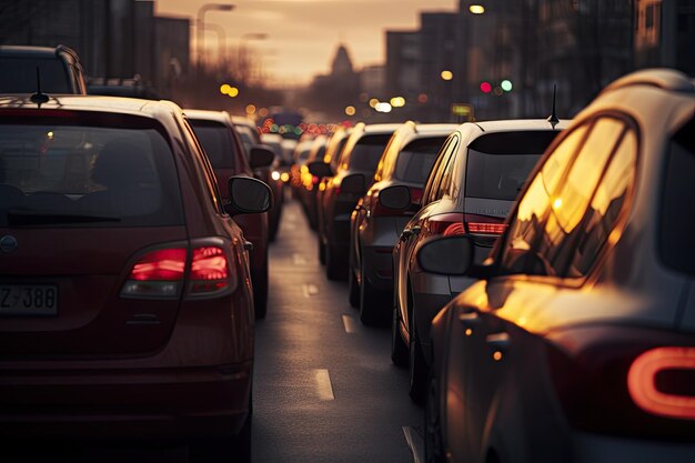 Uma visão familiar durante horas de trânsito intenso Uma longa fila de carros engarrafados aguardando ansiosamente o