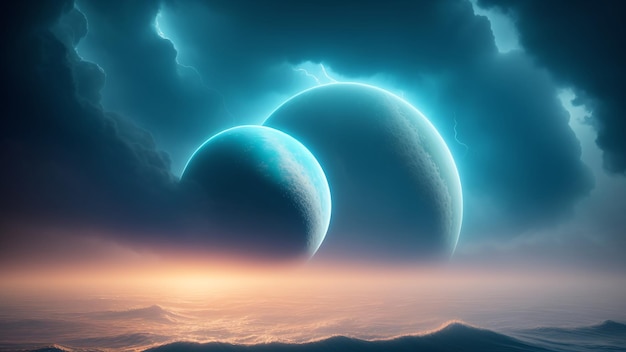 Uma visão hipnotizante de dois planetas no céu AI Generative