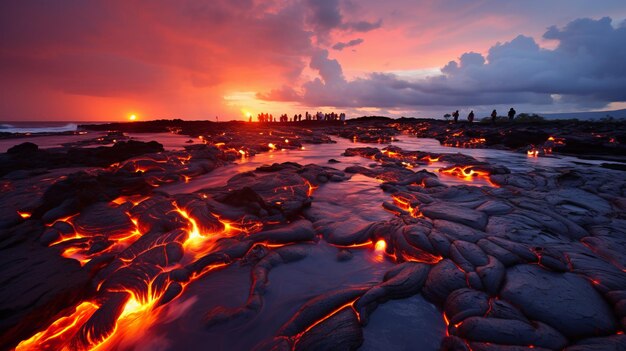 Uma visão incrível de lava derretida fluindo pela encosta da montanha após uma erupção vulcânica