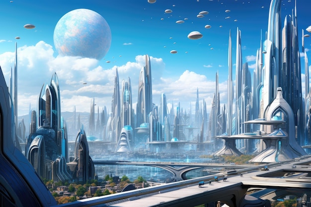 Uma visão inspiradora de uma paisagem urbana futurista caracterizada por uma multidão de edifícios imponentes que simbolizam o progresso Um horizonte da cidade futurista cheio de arranha-céus e carros voadores