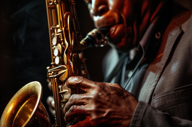 Uma visão íntima de um saxofonista envolto em uma aura de fumaça enquanto toca Jazz Revival