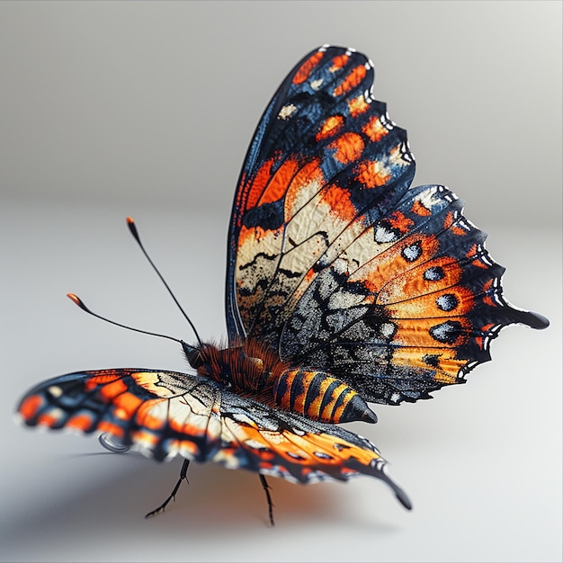 Uma visão macro de borboleta colorida em fundo branco