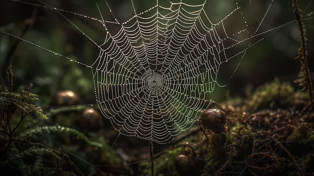 Uma visão macro de uma teia delicada de aranhas gerada por IA