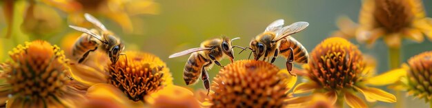 Foto uma visão macro de várias abelhas em cima de muitas cores laranja e amarela e flores agitadas com um fundo verde