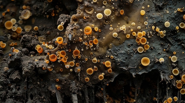 Uma visão macroscópica de um pequeno pedaço de solo com centenas de esporos de fungos microscópicos visíveis