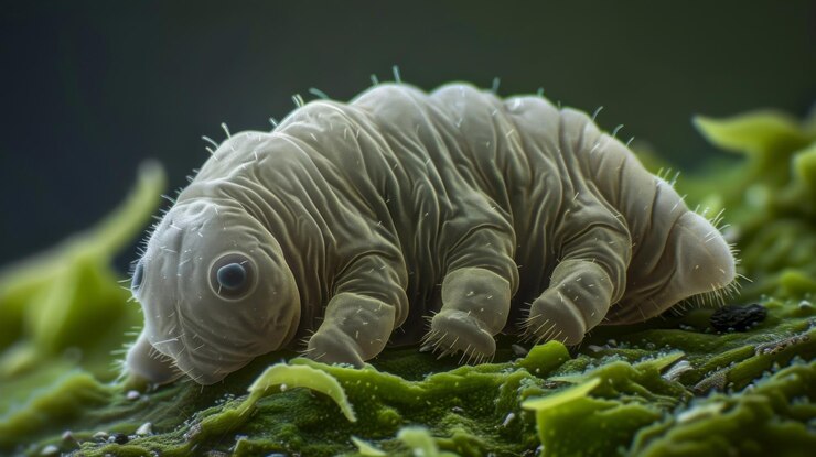 Foto uma visão microscópica de um corpo de tardígrado destacando sua capacidade de se enrolar em uma bola quando sob
