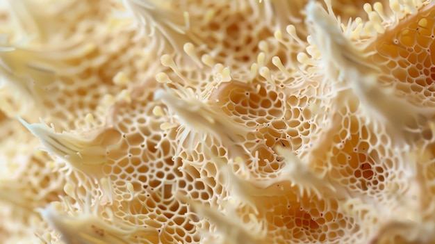 Uma visão microscópica de uma tampa de cogumelo mostrando as hífas ramificadas densamente embaladas que compõem sua