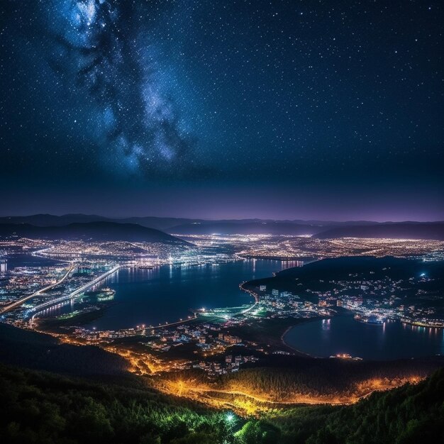 uma visão noturna de uma cidade com um lago e uma cidade ao fundo.