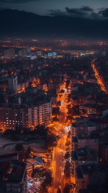 Uma visão noturna de uma cidade com uma paisagem urbana e o céu noturno.