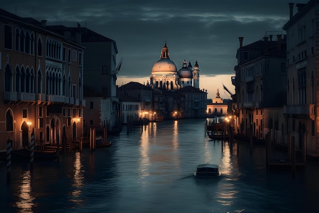 Uma visão noturna de Veneza com um barco em primeiro plano e uma igreja ao fundo.