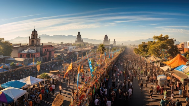 uma visão panorâmica de um festival do Dia dos Mortos com ruas movimentadas e cheias de gente