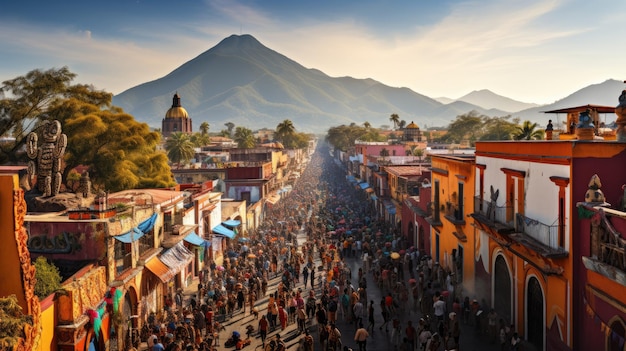 uma visão panorâmica de um festival do Dia dos Mortos com ruas movimentadas e cheias de gente