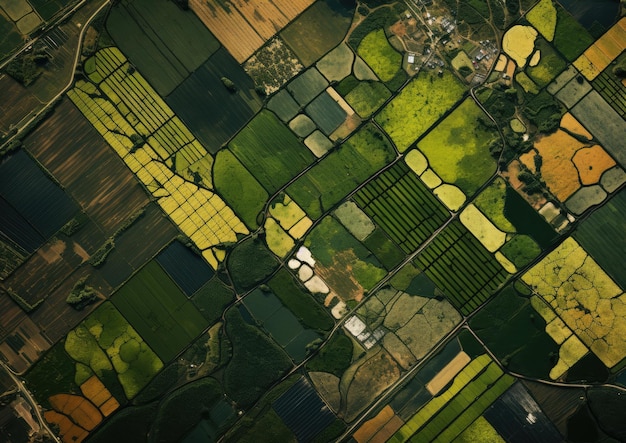 Uma visão por satélite de um vasto campo de culturas capturada de cima para mostrar a escala e os padrões