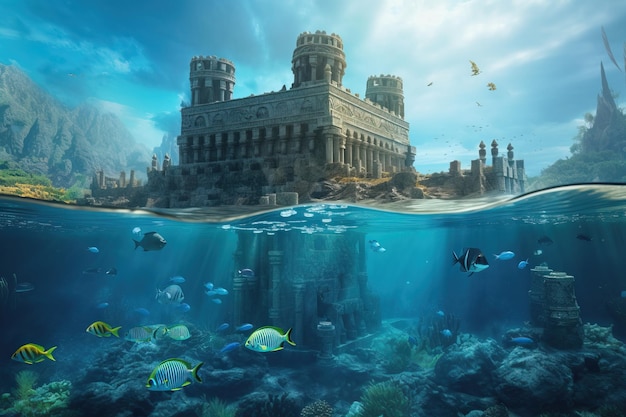 Uma visão subaquática de um castelo e peixes nadando no oceano.