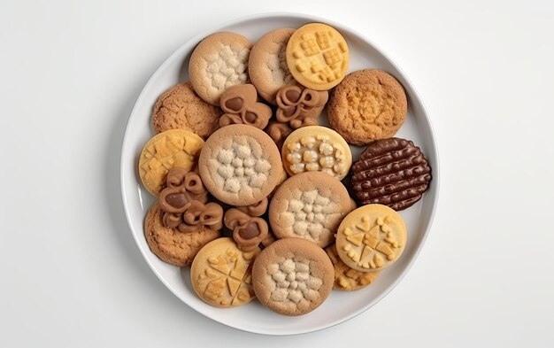 Uma visão superior de doces e biscoitos em um fundo branco doce sobremesa padaria comida gerada ai