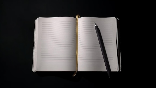 Uma visão superior do notebook vazio com caneta na IA generativa de fundo preto