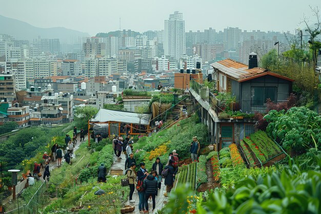 Uma visão sustentável realizada quando os telhados verdes cobrem o distrito urbano com o toque da natureza