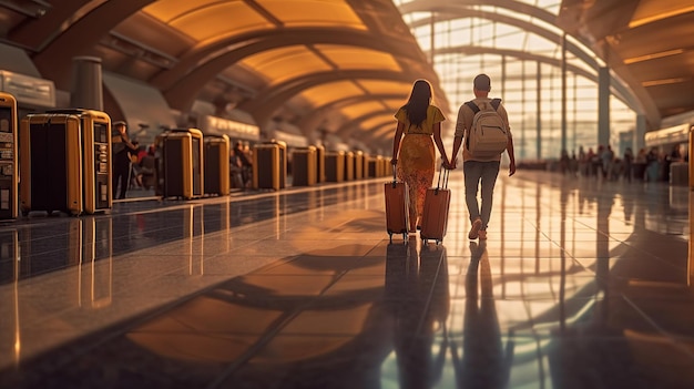 Uma visão traseira completa de um homem e uma mulher puxando com confiança suas malas de viagem