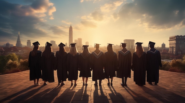 Uma visão traseira de um grupo de silhuetas de graduados de pé ao ar livre contra o pôr-do-sol