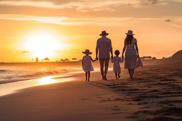 Uma visão traseira de uma jovem família feliz caminhando alegremente em uma praia ao pôr do sol