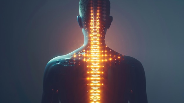 Uma visão traseira de uma pessoa com uma sobreposição visual da coluna vertebral brilhando para representar a saúde da coluna.