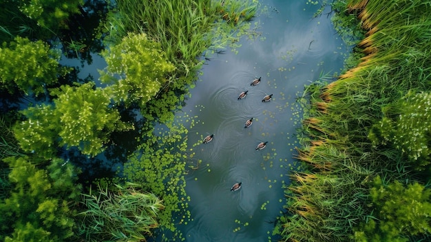 Uma vista aérea captura a cena pacífica de patos selvagens nadando em uma lagoa rasa cercada por