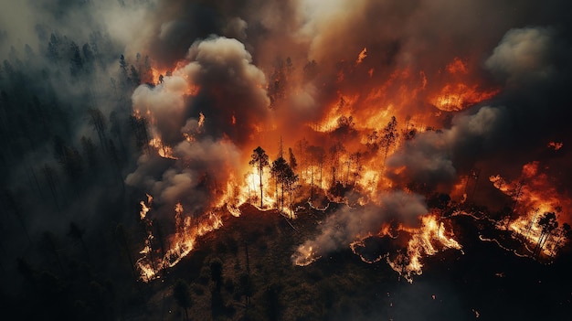 Uma vista aérea cativante de um incêndio florestal