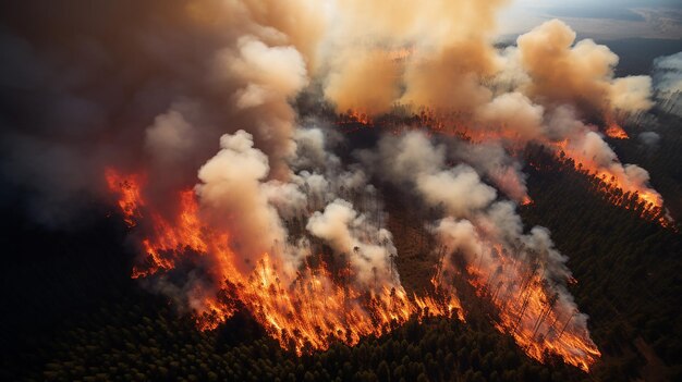 Uma vista aérea cativante de um incêndio florestal