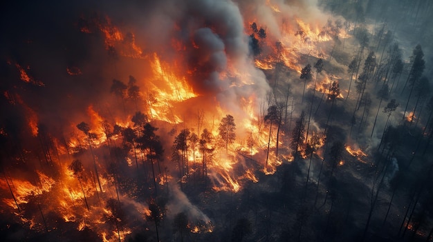 Uma vista aérea cativante de um incêndio florestal